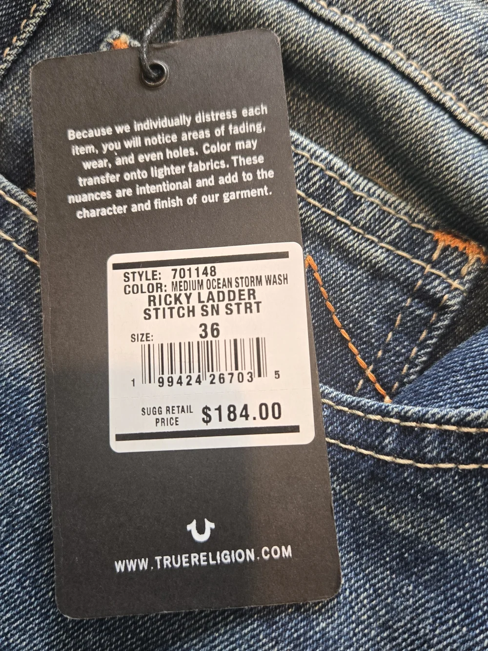 True Religion Mens Ricky Ladder Stitch Relaxed Straight Jeans 36x34 Ocean Storm